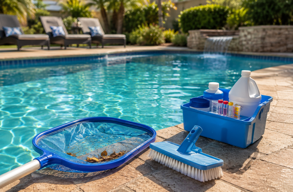 Pool cleaning supplies skimmer, brush, and water testing kit beside a sparkling pool.